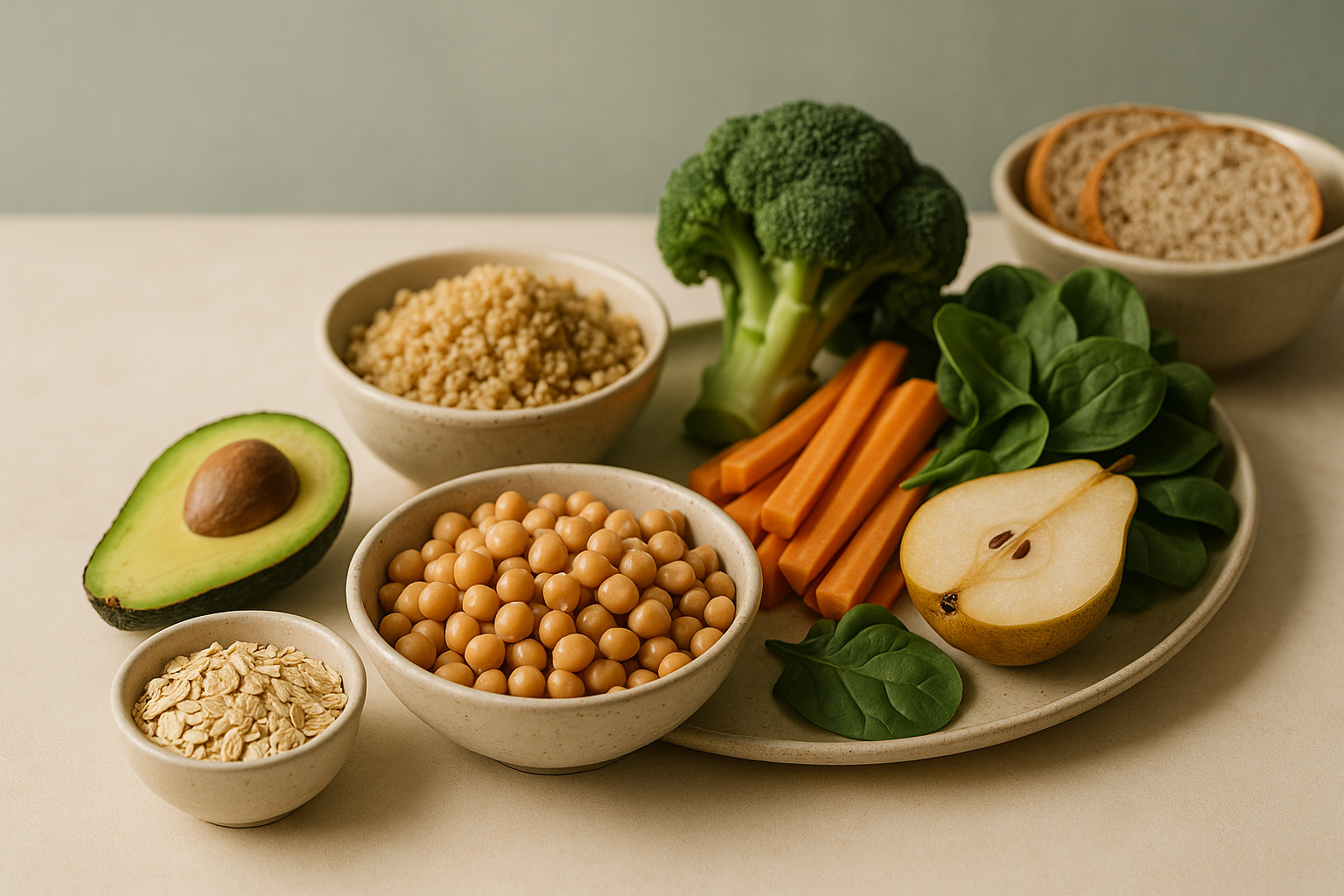 Alimentos ricos em fibras como frutas e grãos integrais